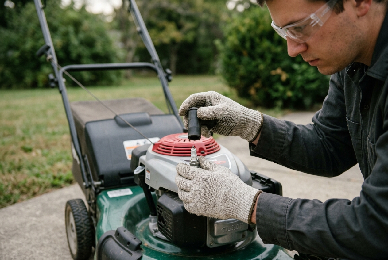 Gloved hands holding a disconnected spark-plug boot beside a walk-behind mower.