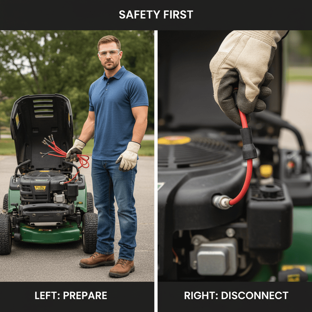 Person demonstrating proper safety equipment and spark plug wire disconnection for mower maintenance