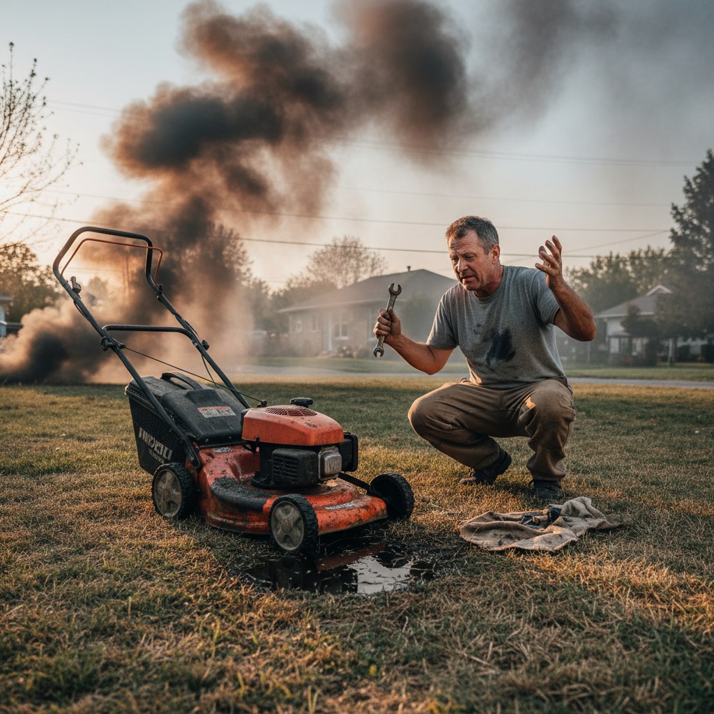 Homeowner examining a malfunctioning lawn mower in a residential yard
