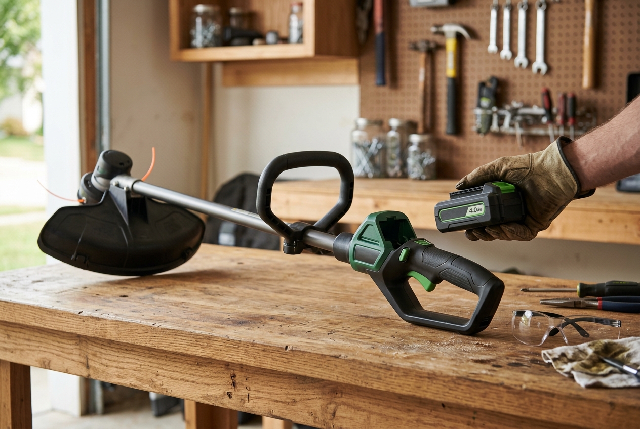 Hands setting a removed battery pack aside from a still string trimmer on a workbench