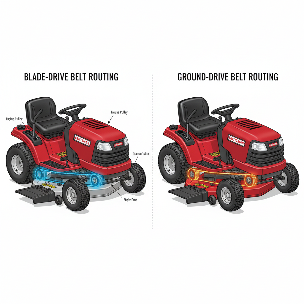 Comparison of deck belt and transmission belt locations on Craftsman riding mower