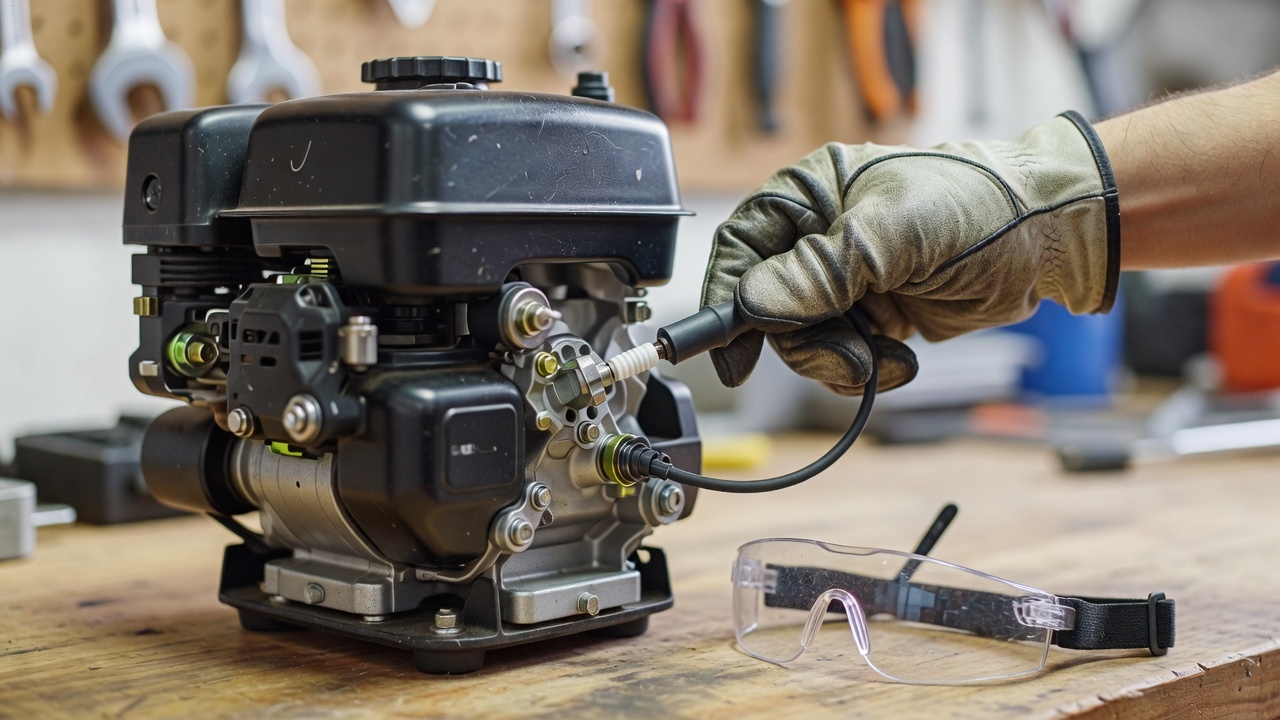 Gloved hand disconnecting a spark plug wire from an edger engine.