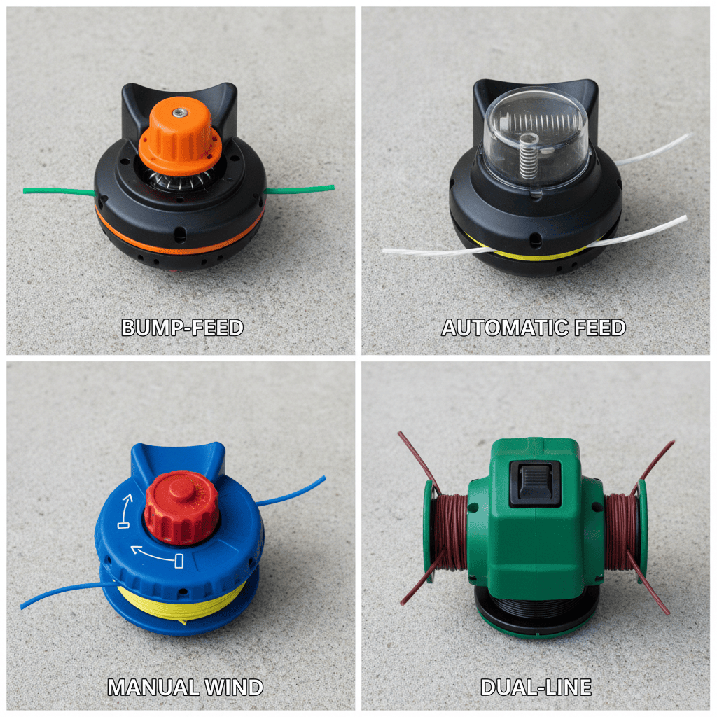Four types of grass trimmer heads showing bump-feed, automatic feed, manual wind, and dual-line designs