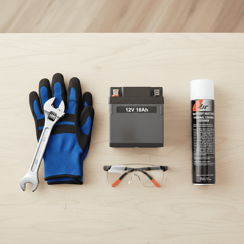 Flat-lay of lawn mower battery replacement tools on a workbench