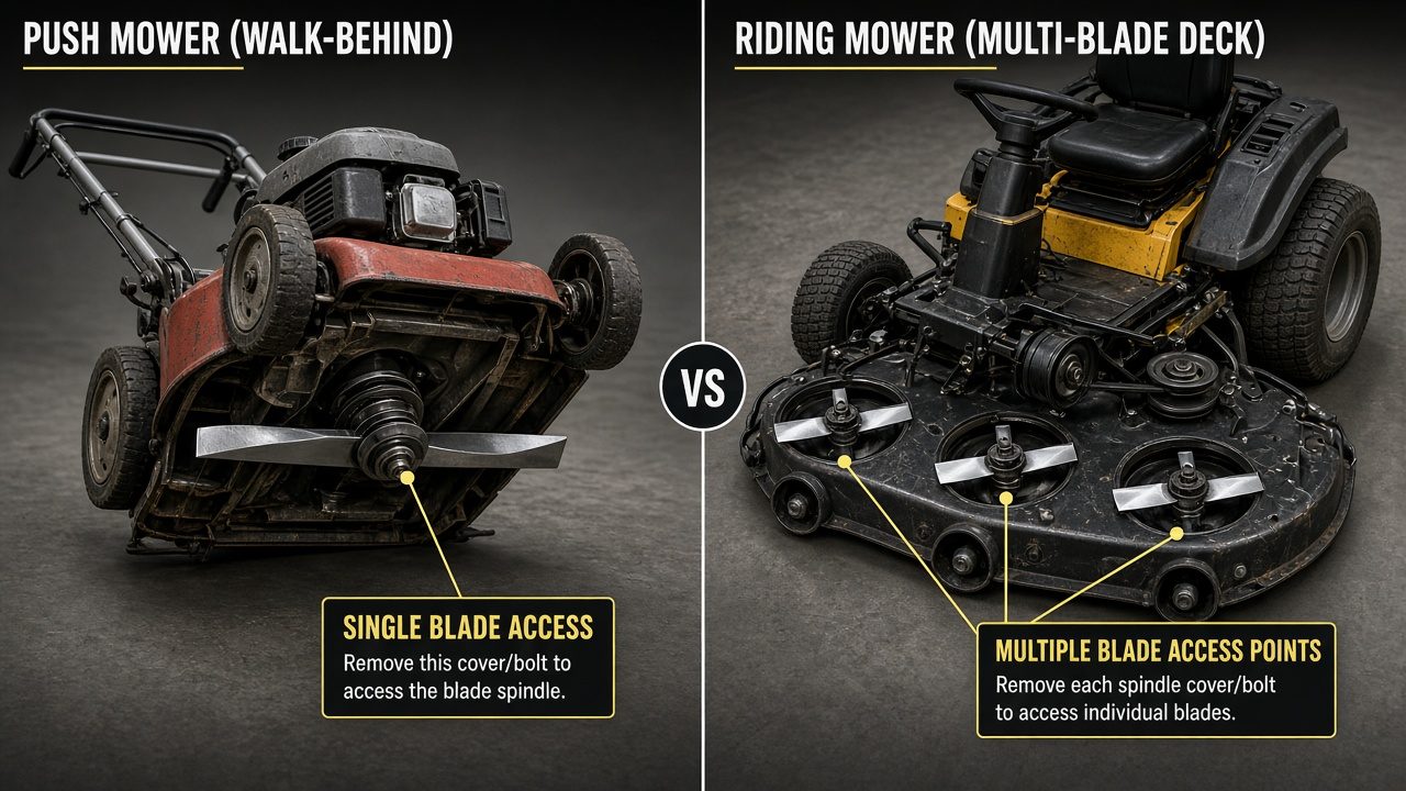 Side-by-side comparison of push mower and riding mower blade locations and access points