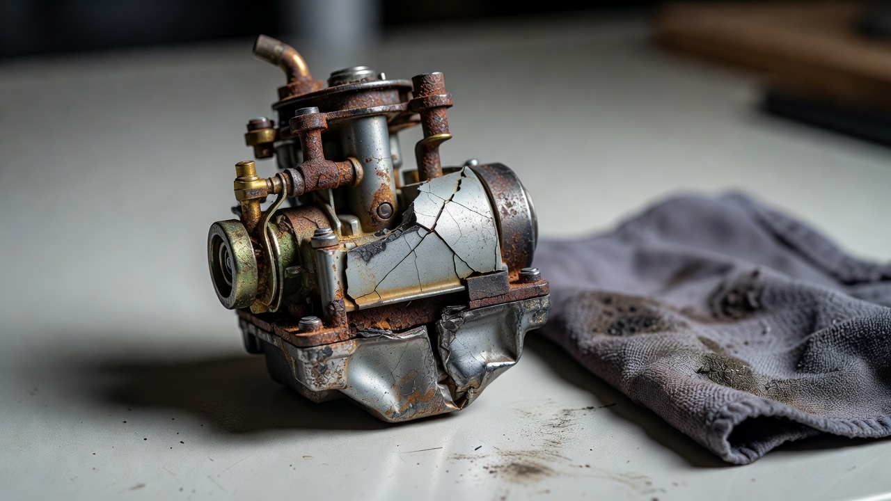 Damaged lawn mower carburetor with cracked body and corroded fittings on a workbench