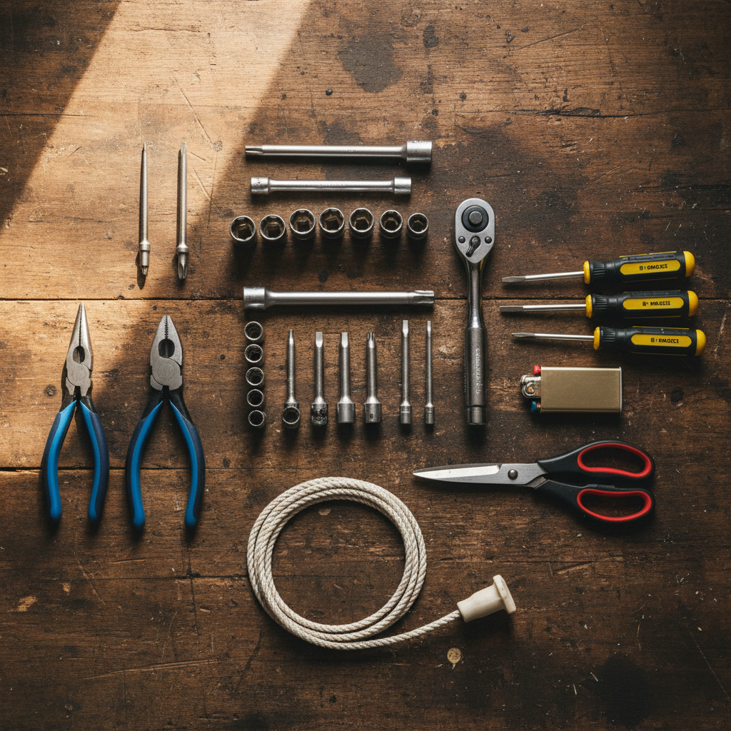 How Do You Replace a Pull Cord on a Briggs & Stratton Lawn Mower? (Step-by-Step Guide) Tools and replacement parts laid out on a workbench for a lawn mower pull cord repair