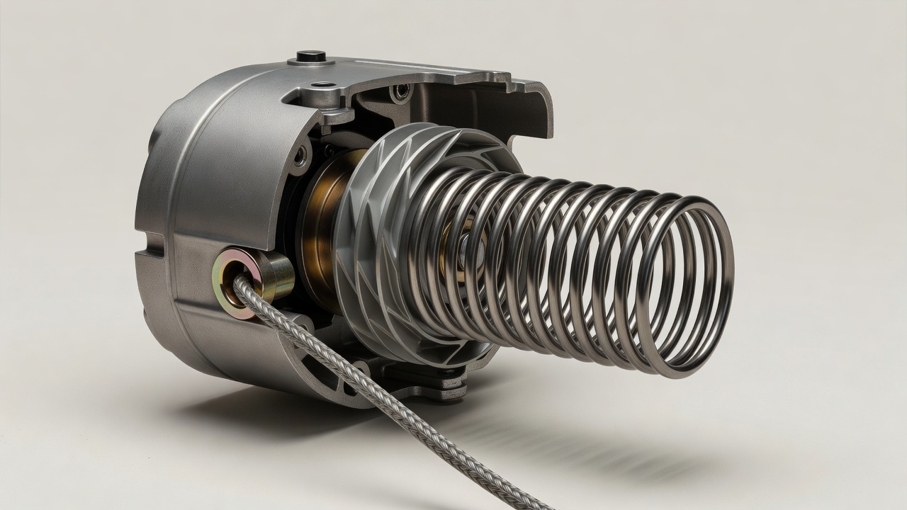 Cutaway view of lawn mower recoil starter assembly showing pulley, spring, and rope routing components