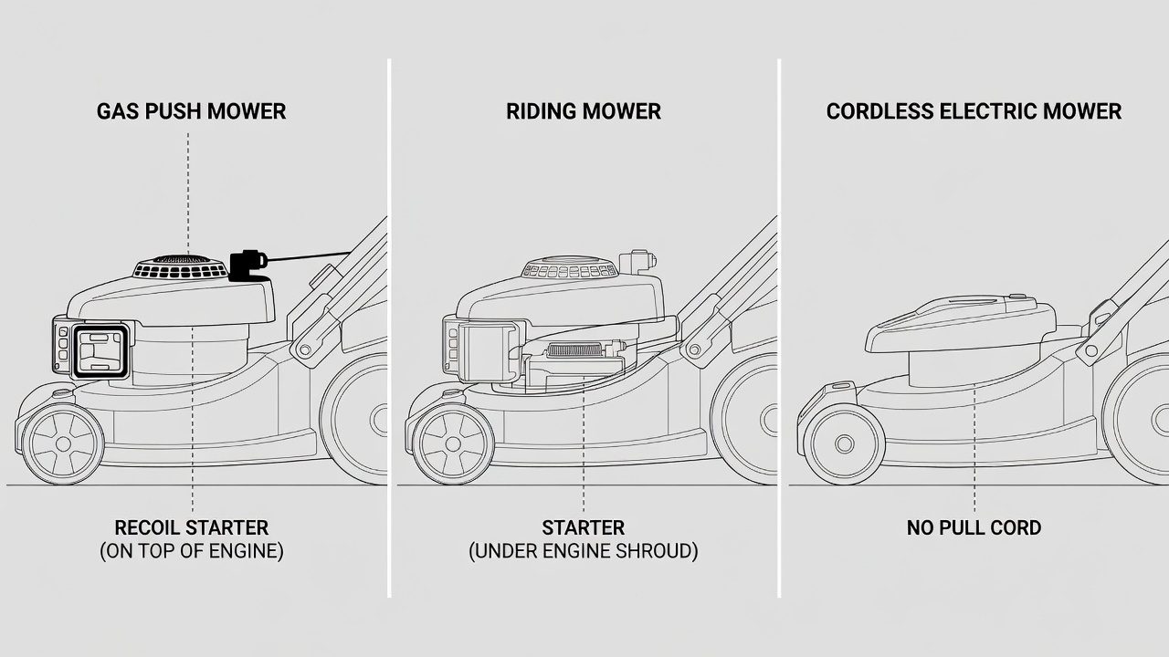 Three lawn mower types showing different recoil starter locations: push mower, riding mower, and electric mower