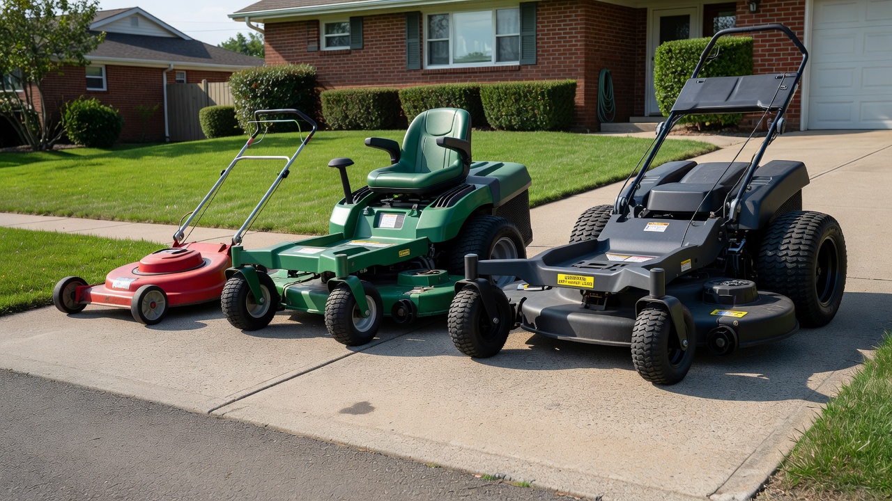 Push mower, riding mower, and zero-turn mower side by side showing different wheel and tire sizes