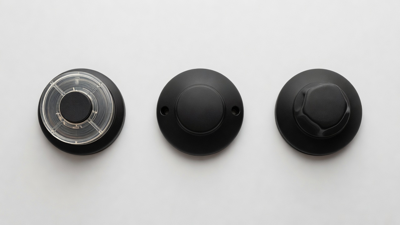 Side-by-side comparison of bump-feed, fixed-line, and speed-feed trimmer head designs on a white surface