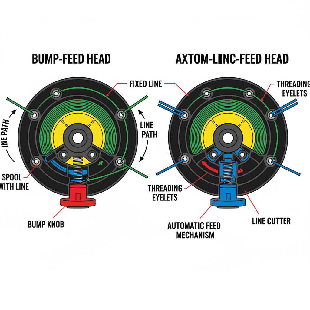 Comparison diagram of three trimer head types showing internal mechanisms and line paths