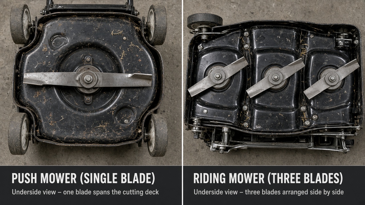 Understanding the Question: One Blade vs. Multiple Blades Comparison of single blade on push mower versus multiple blades on riding mower deck