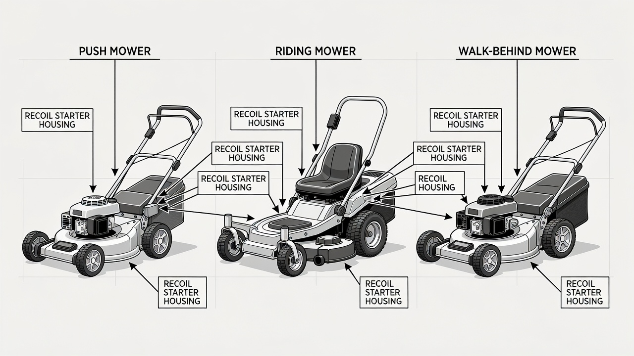 Recoil starter locations on push, riding, and walk-behind mowers