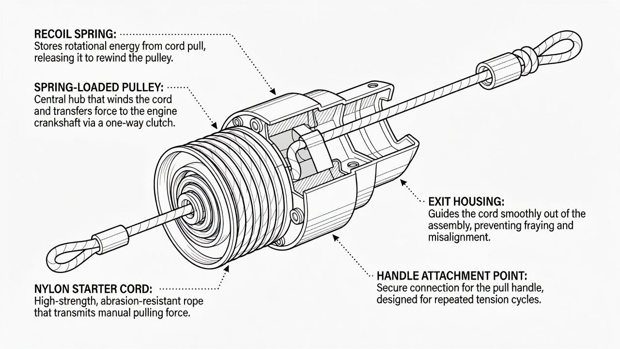 Diagram of lawn mower recoil starter components and how the pull cord system works