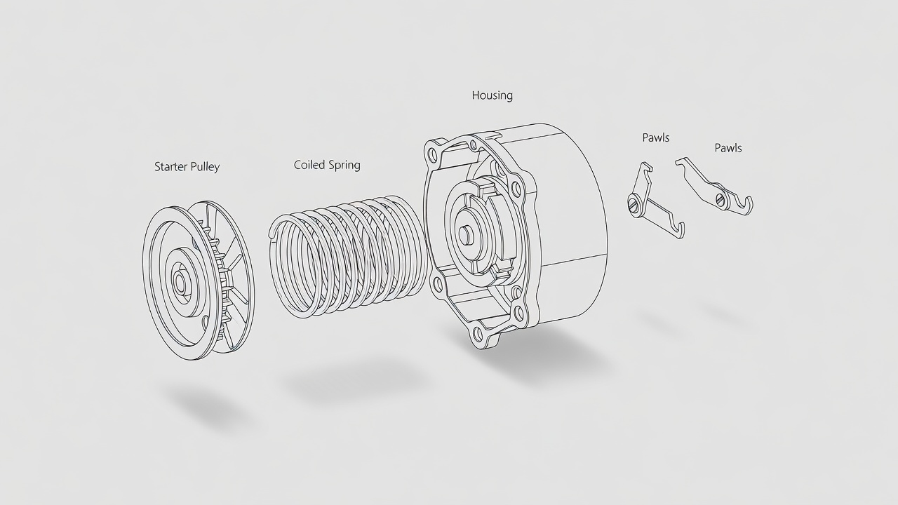 Diagram showing the individual components of a lawn mower recoil starter assembly.