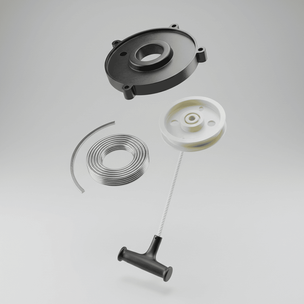 Disassembled components of a lawn mower recoil starter system including pulley and spring