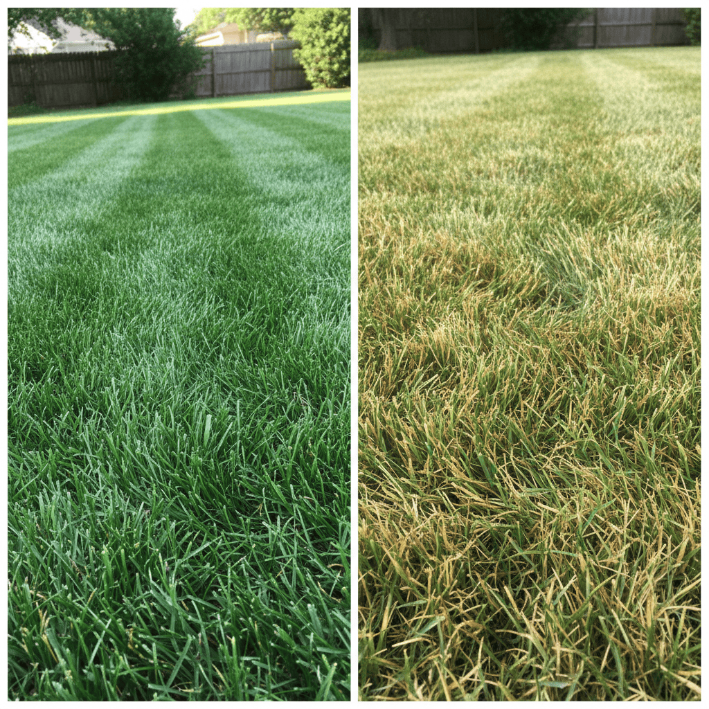 Comparison of grass cut cleanly by a sharp blade versus torn and ragged grass from a dull blade