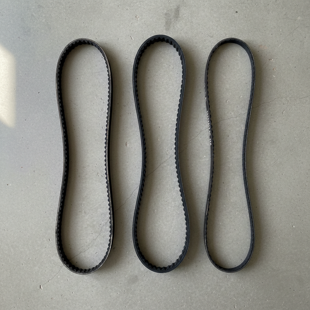 Three riding lawn mower belts of different sizes laid out on a garage floor for comparison