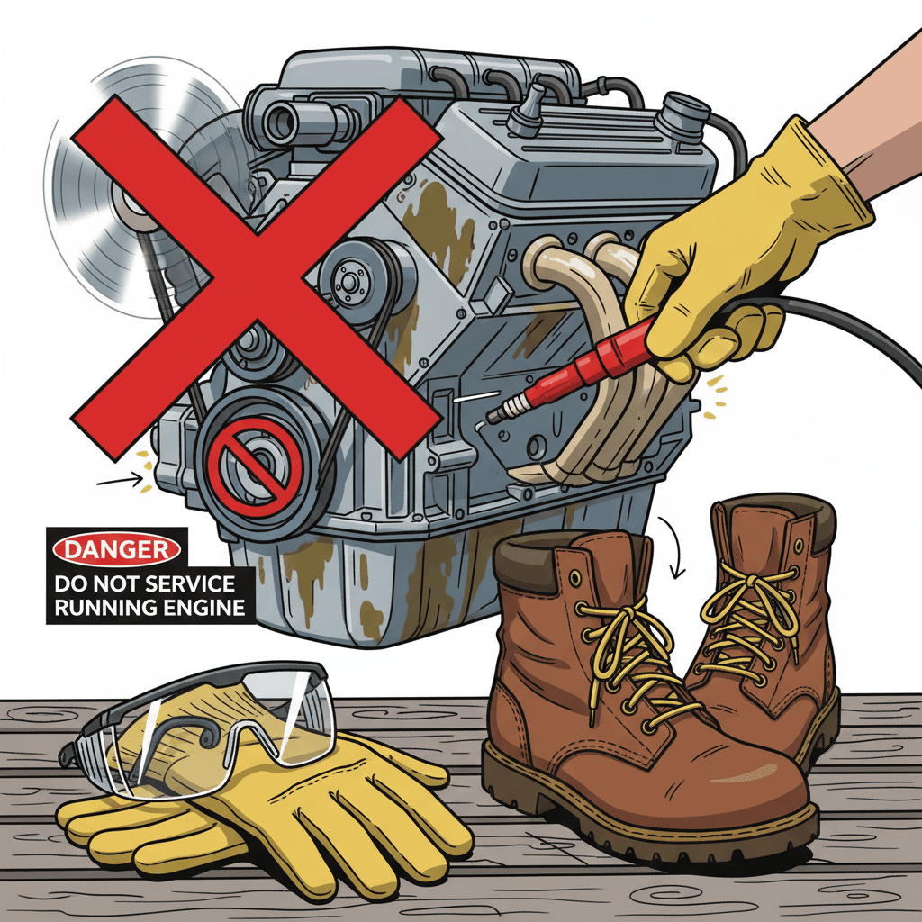Protective equipment and spark plug wire disconnection for lawn mower safety