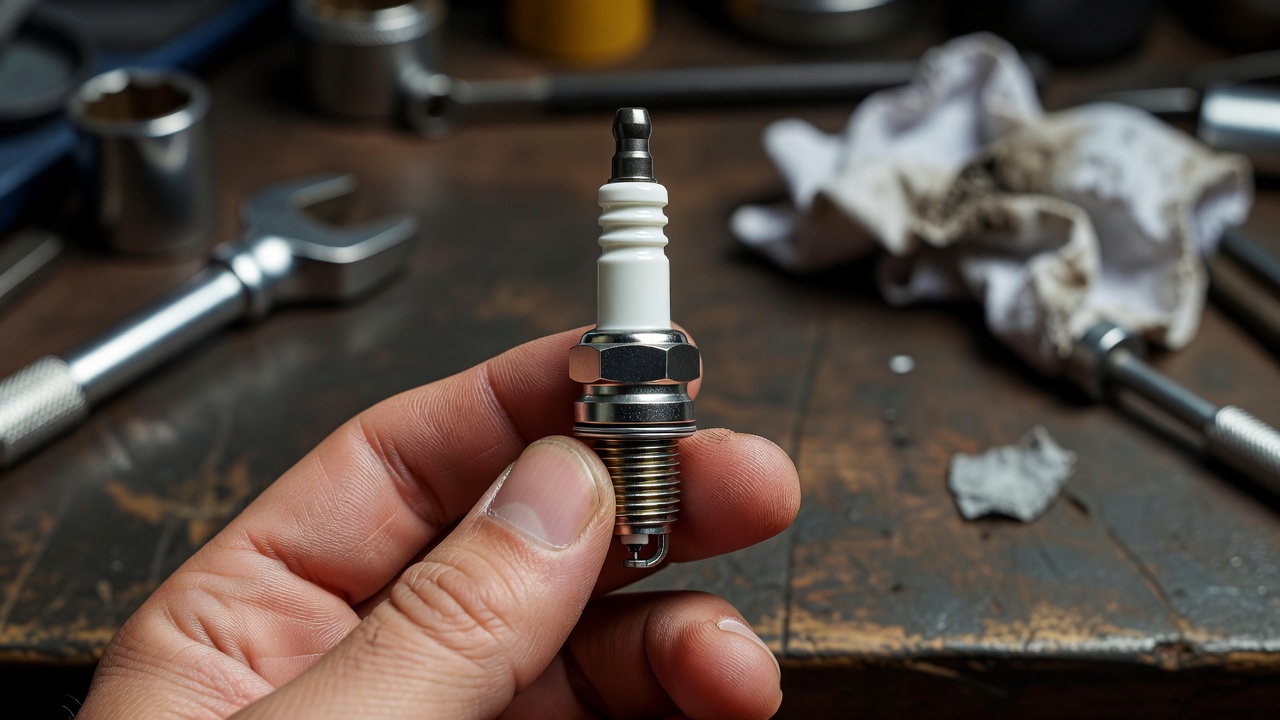 Close-up of a small-engine spark plug held by hand over a workshop bench