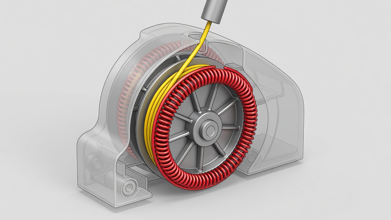 Internal diagram of lawn mower starter system showing pulley, spring, and rope configuration