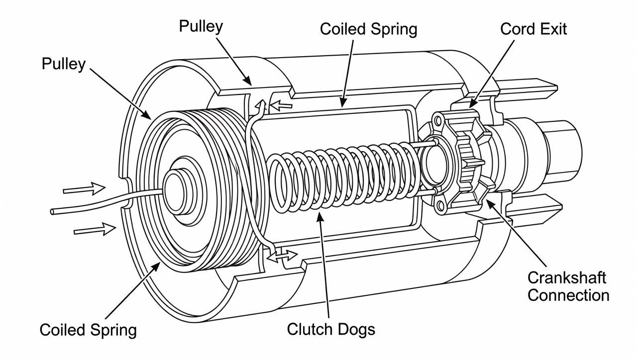 Cross-section view of a lawn mower recoil starter system showing pulley, spring, and cord mechanism