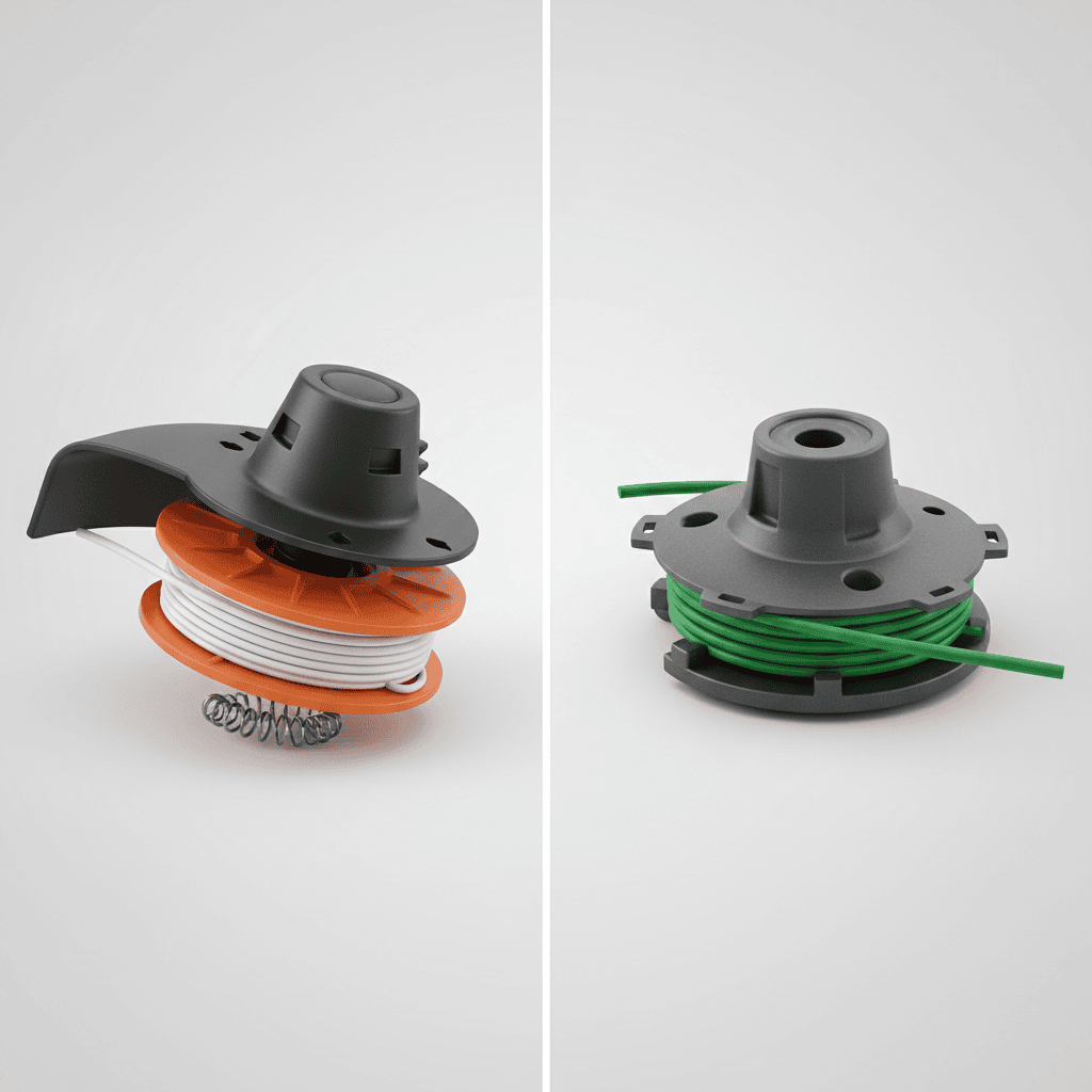 Comparison of a bump-feed strimmer head and a manual-wind strimmer head