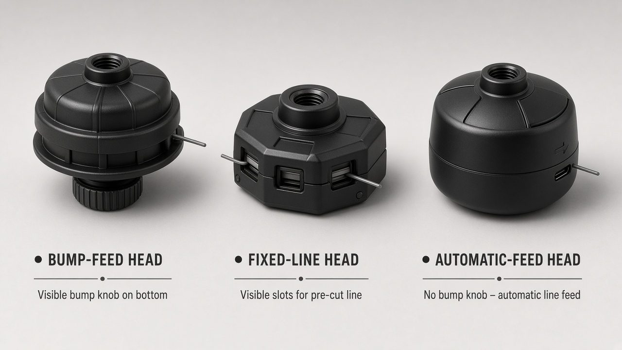 Three types of trimmer heads: bump-feed, fixed-line, and automatic-feed heads