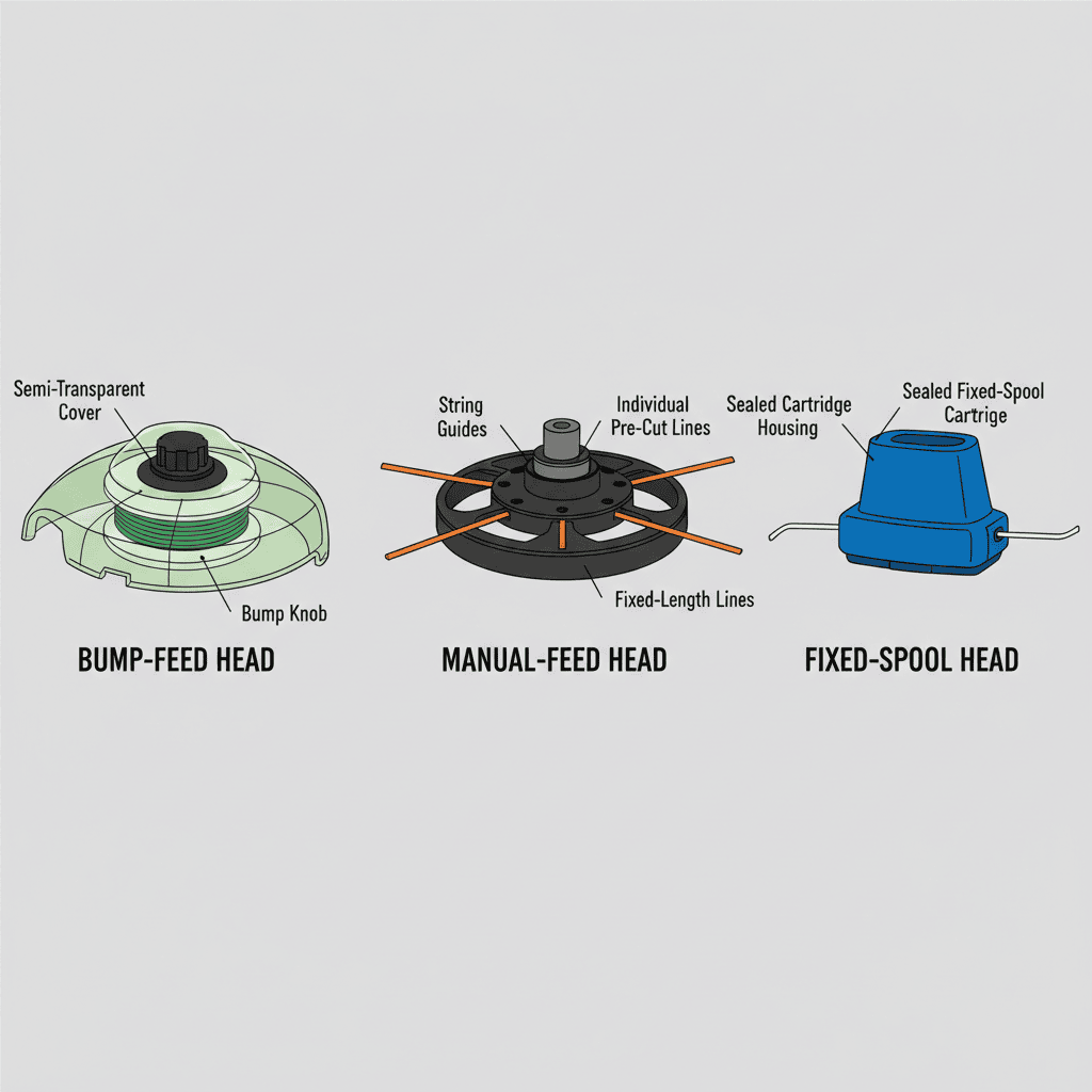 Comparison diagram of three types of weed eater trimmer heads: bump-feed, manual-feed, and fixed-spool designs