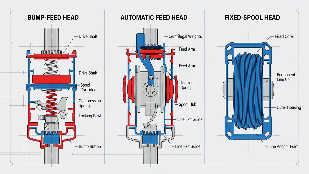 Three types of trimmer heads shown in cross-section comparison