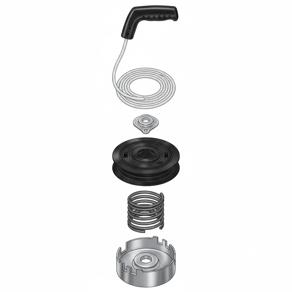 Disassembled lawn mower recoil starter components laid out to show how the pull cord mechanism works