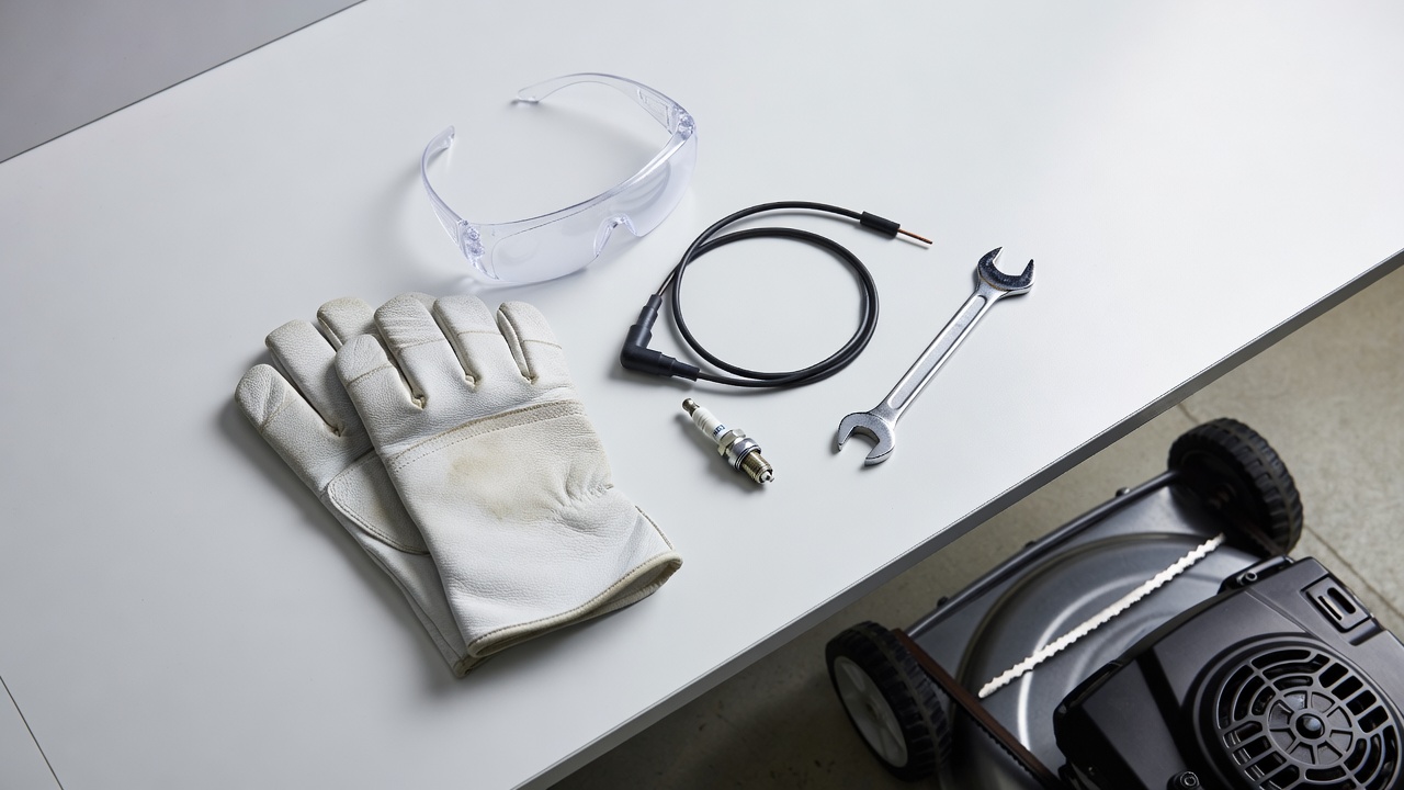 Safety equipment and disconnected spark plug wire arranged on a workbench for lawn mower maintenance