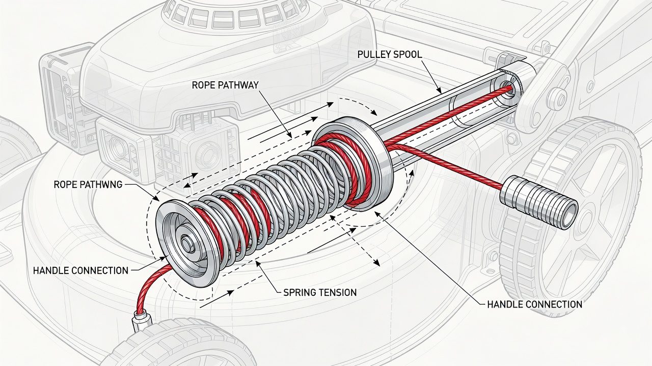 Cutaway diagram of lawn mower recoil starter mechanism showing pulley, spring, and rope