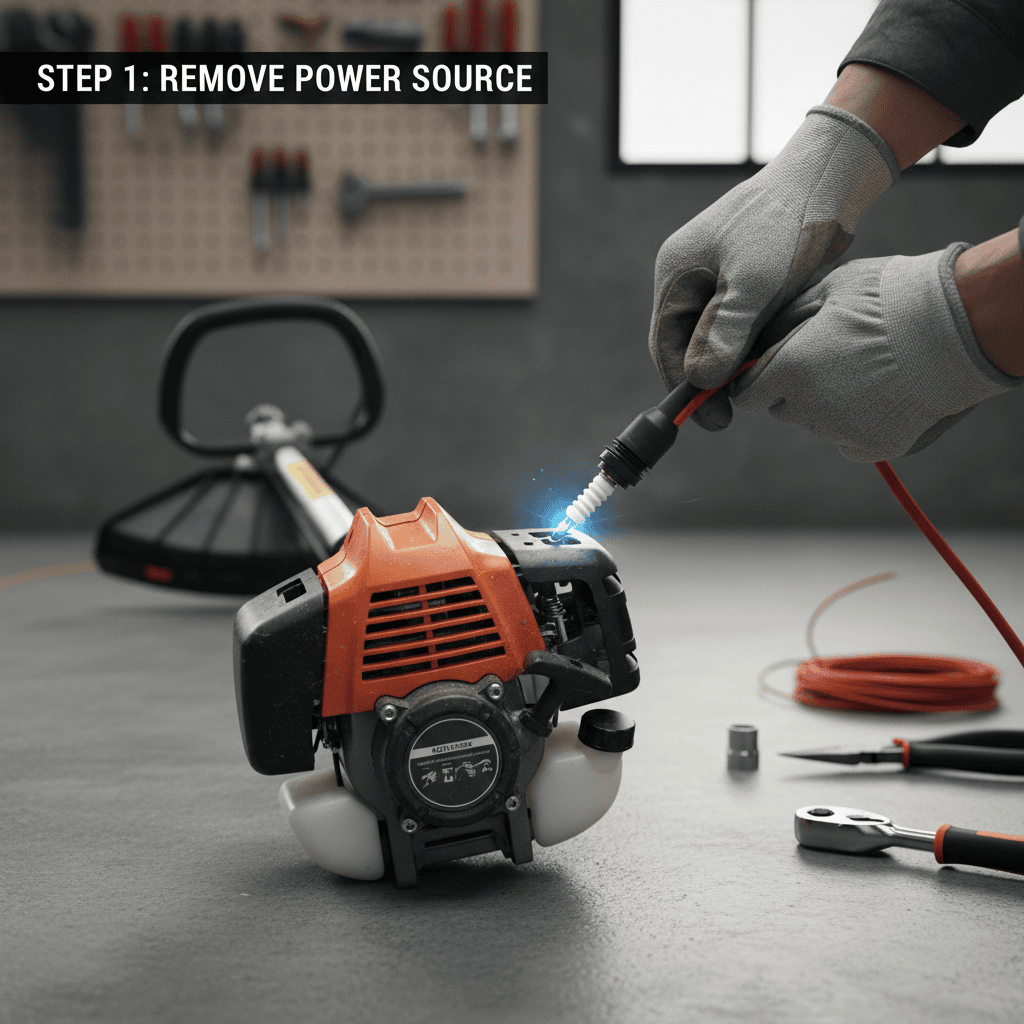 Four-step visual guide for trimmer line replacement process
