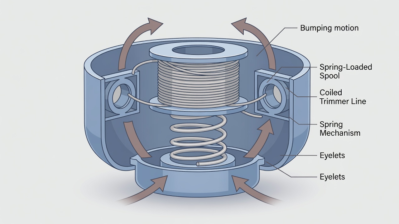 Cutaway diagram showing the internal components of a bump feed trimmer head including spring, spool, and line advancement mechanism