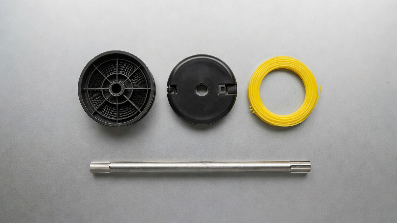 Disassembled parts of a weed eater trimmer head laid out on a workbench.