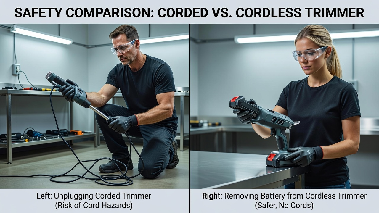 Safety steps for powering down corded and cordless trimmers before maintenance