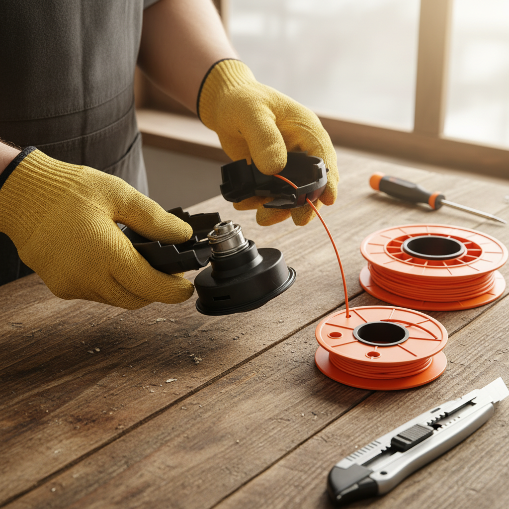Direct Answer: How to Replace Weed Eater String Close-up of a disassembled weed eater head with a spool of orange trimmer line and tools on a workbench.
