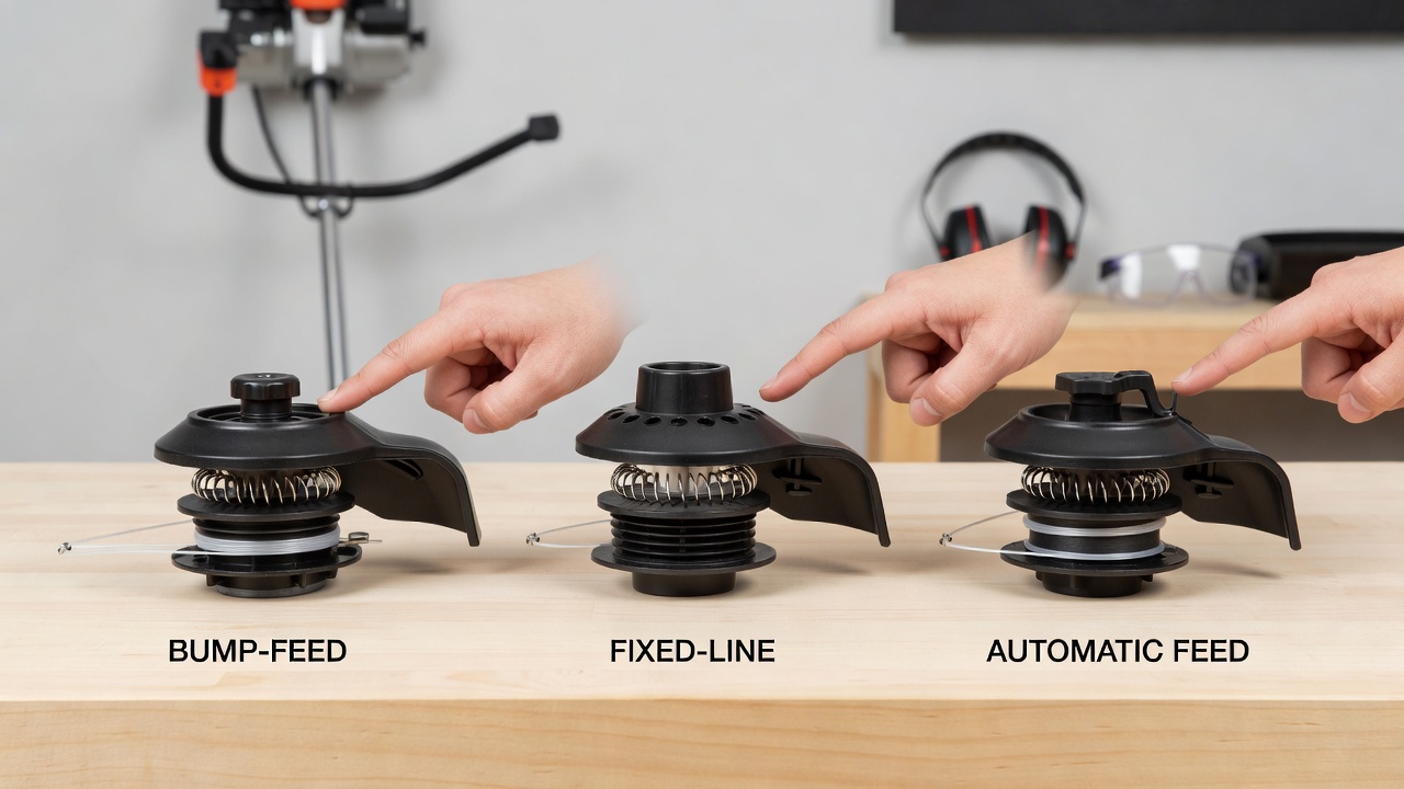Comparison of bump-feed, fixed-line, and automatic feed weed trimmer heads on a workbench.