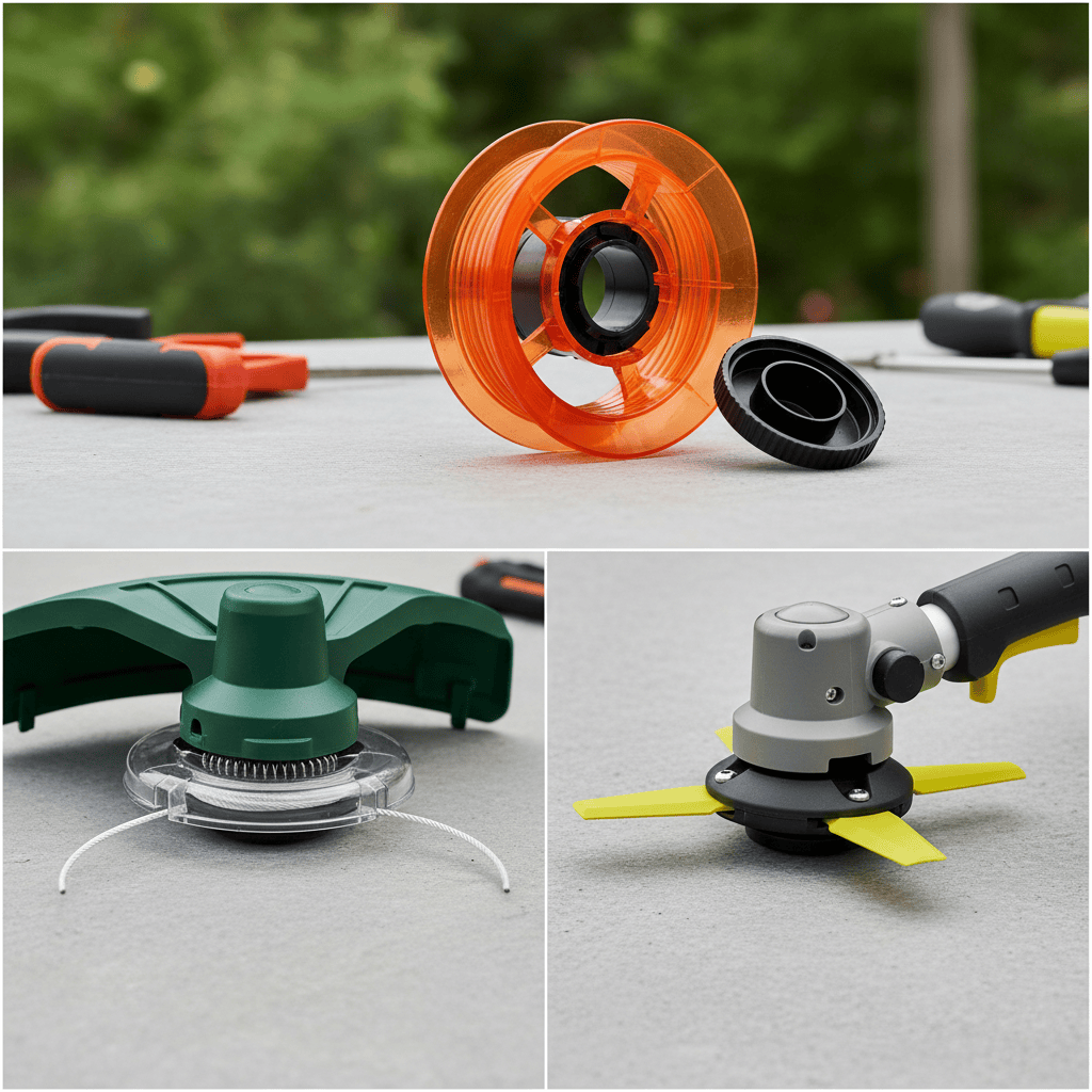 Three types of trimmer heads showing bump-feed, manual-wind, and cordless designs