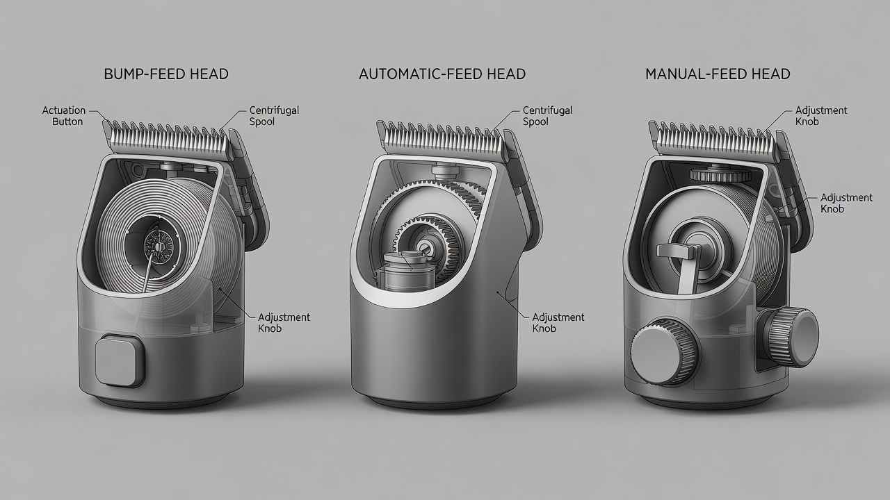Three types of trimmer head designs displayed side by side: bump-feed, automatic-feed, and manual-feed systems showing their different spool mechanisms.