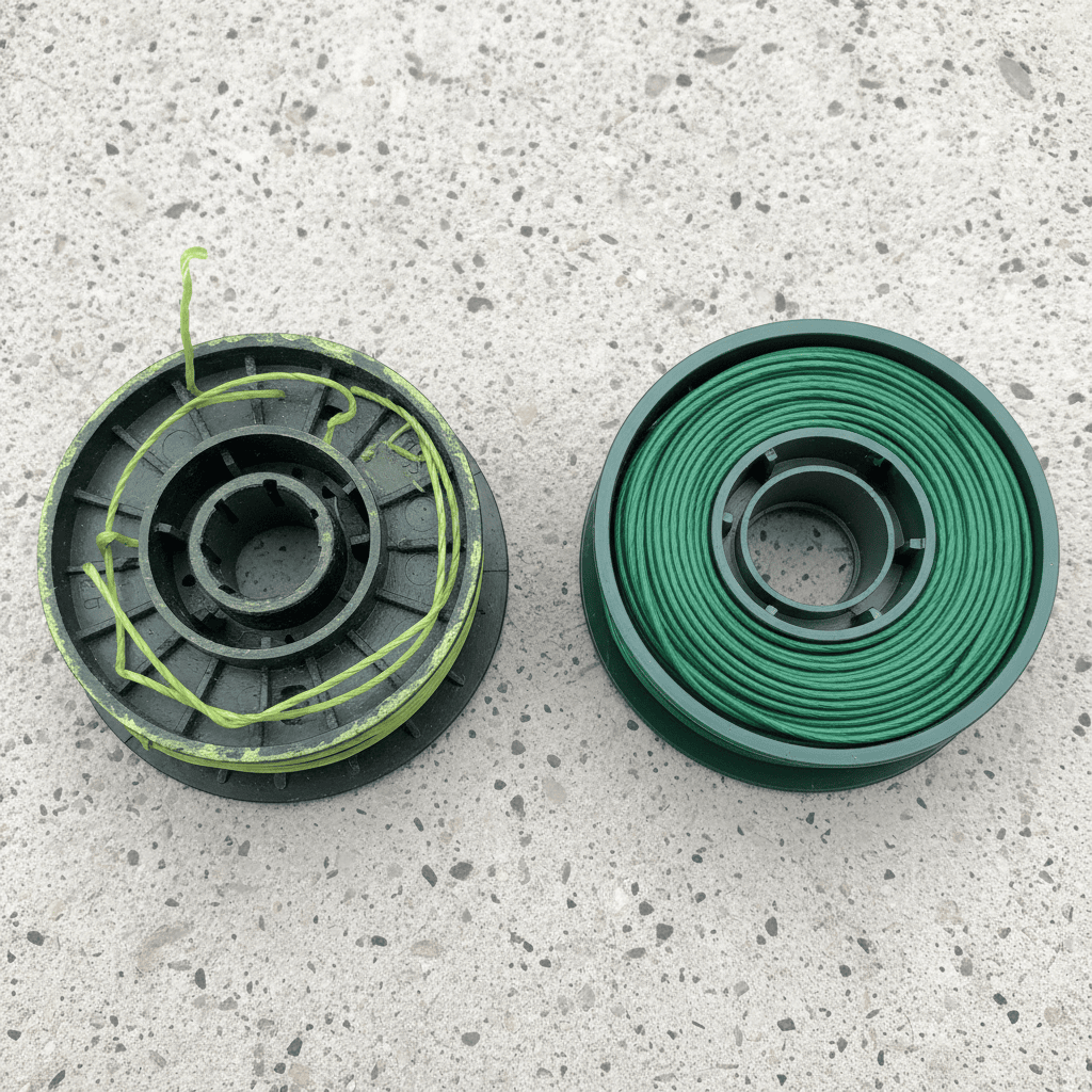 Comparison of a worn trimmer spool with short line stubs and a spool with fresh line.