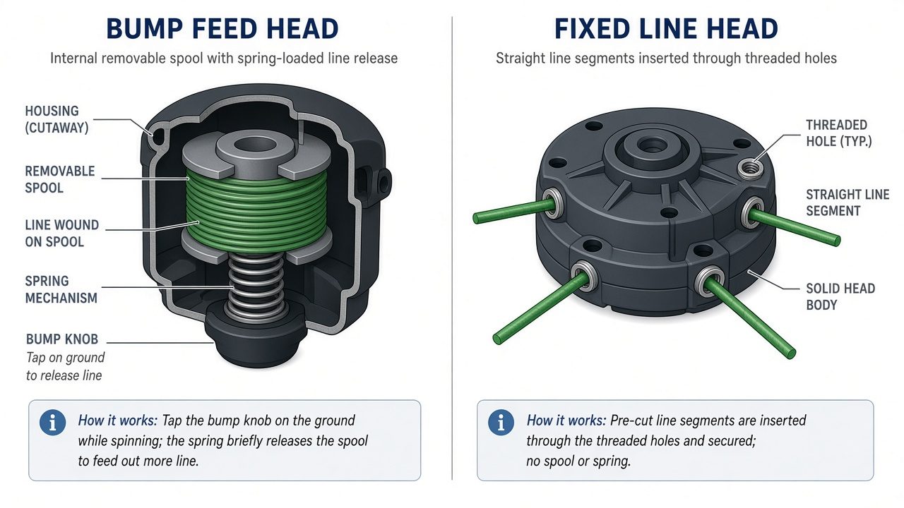 Cross-section comparison of bump feed trimmer head with spool versus fixed line head with threaded holes