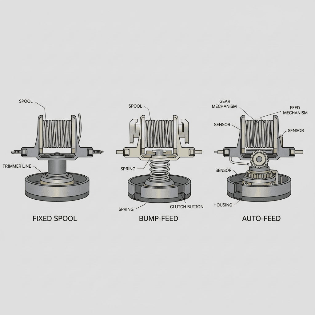 Understanding Your Weed Wacker Spool Type Three trimmer head designs comparing fixed spool, bump-feed, and auto-feed mechanisms