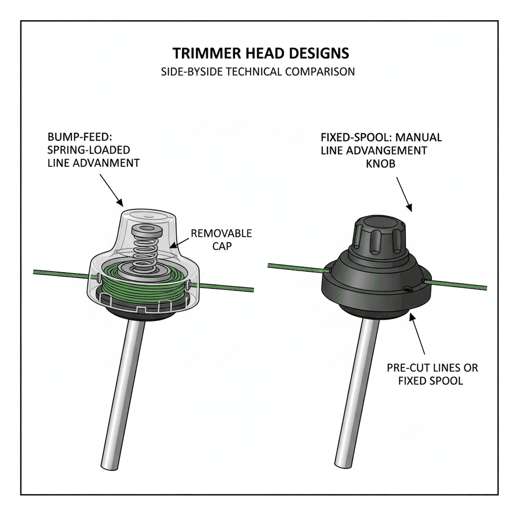 Comparison of bump-feed and fixed-spool trimmer head designs