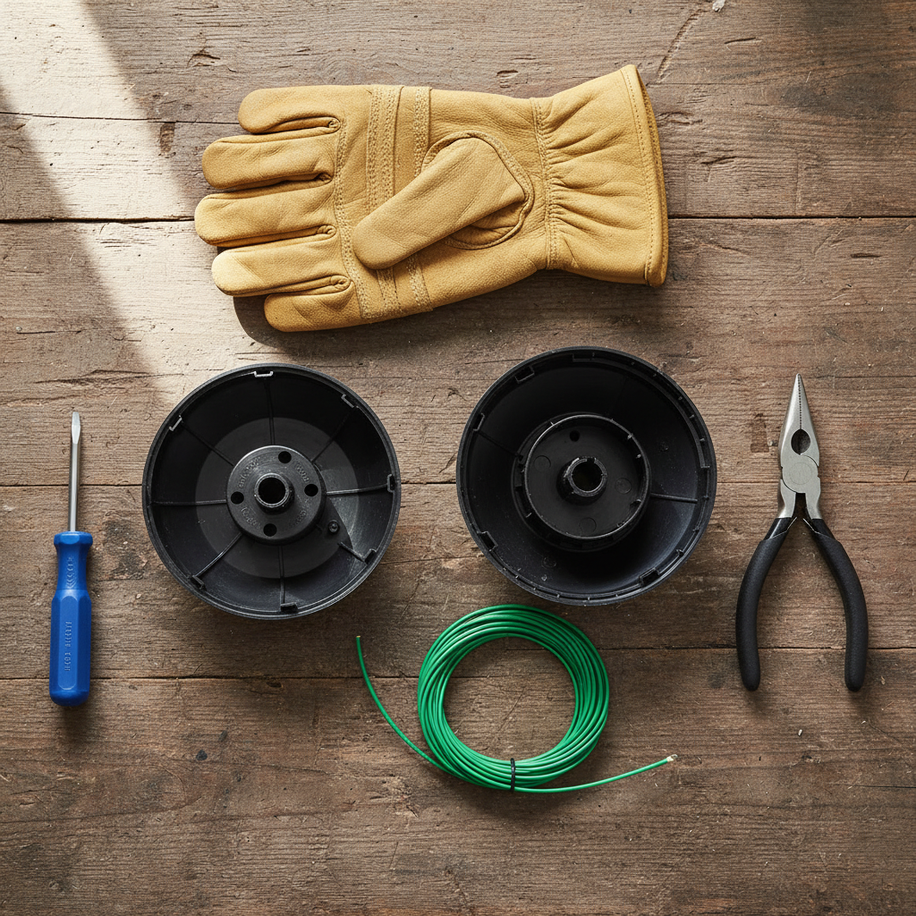 Flat-lay of disassembled trimmer head parts, spool, trimmer line coil, and tools on a workbench
