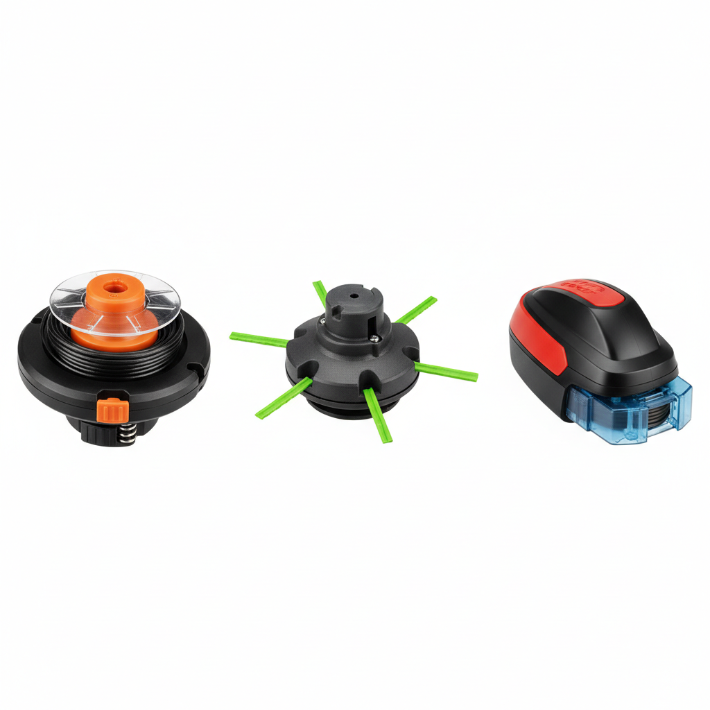 Understanding the Question: What Does ‘Restringing a Strimmer’ Involve? Three different types of strimmer heads: bump-feed, fixed-line, and auto-feed.