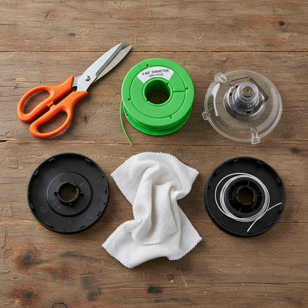 Flat-lay of trimmer line, scissors, rag, and disassembled trimmer head on a workbench.
