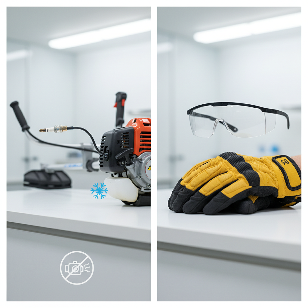 Safety precautions for trimmer restringing including disconnected spark plug and protective gear